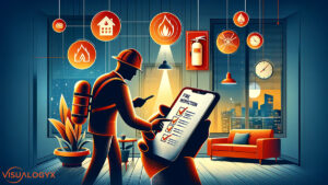 A team of inspectors uses digital devices for fire safety checks in a commercial setting, highlighting technology's role in enhancing safety protocols, with fire safety symbols in the background.