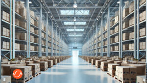 An image of a clean, organized warehouse with neatly stacked inventory and clear walkways. The overall atmosphere is orderly and well-maintained, with no visible people or signs.