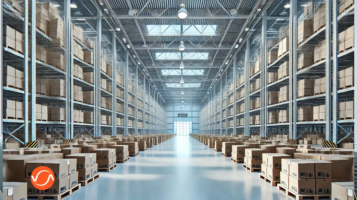 An image of a clean, organized warehouse with neatly stacked inventory and clear walkways. The overall atmosphere is orderly and well-maintained, with no visible people or signs.